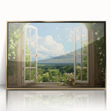 Mid-century modernist art depicting an architectural window design in gold and white tones, framed acrylic.