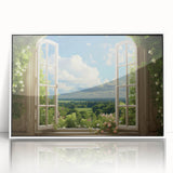 Mid-century modernist style large art print of an architectural window design in muted gray and white tones on acrylic.