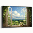Black and white vintage poster art of architectural windows on framed canvas, suitable for bedroom decor.