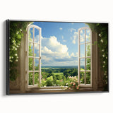 Black and white vintage poster art of architectural windows on framed canvas, suitable for bedroom decor.