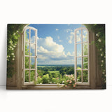 Black and white photograph of an architectural window design on a large stretched canvas.