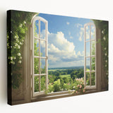 Side view of a large stretched canvas featuring a monochrome architectural window design, suitable for kitchen wall art.