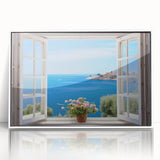 Mid-century modernist large art print featuring architectural windows in black and white, framed in white acrylic.