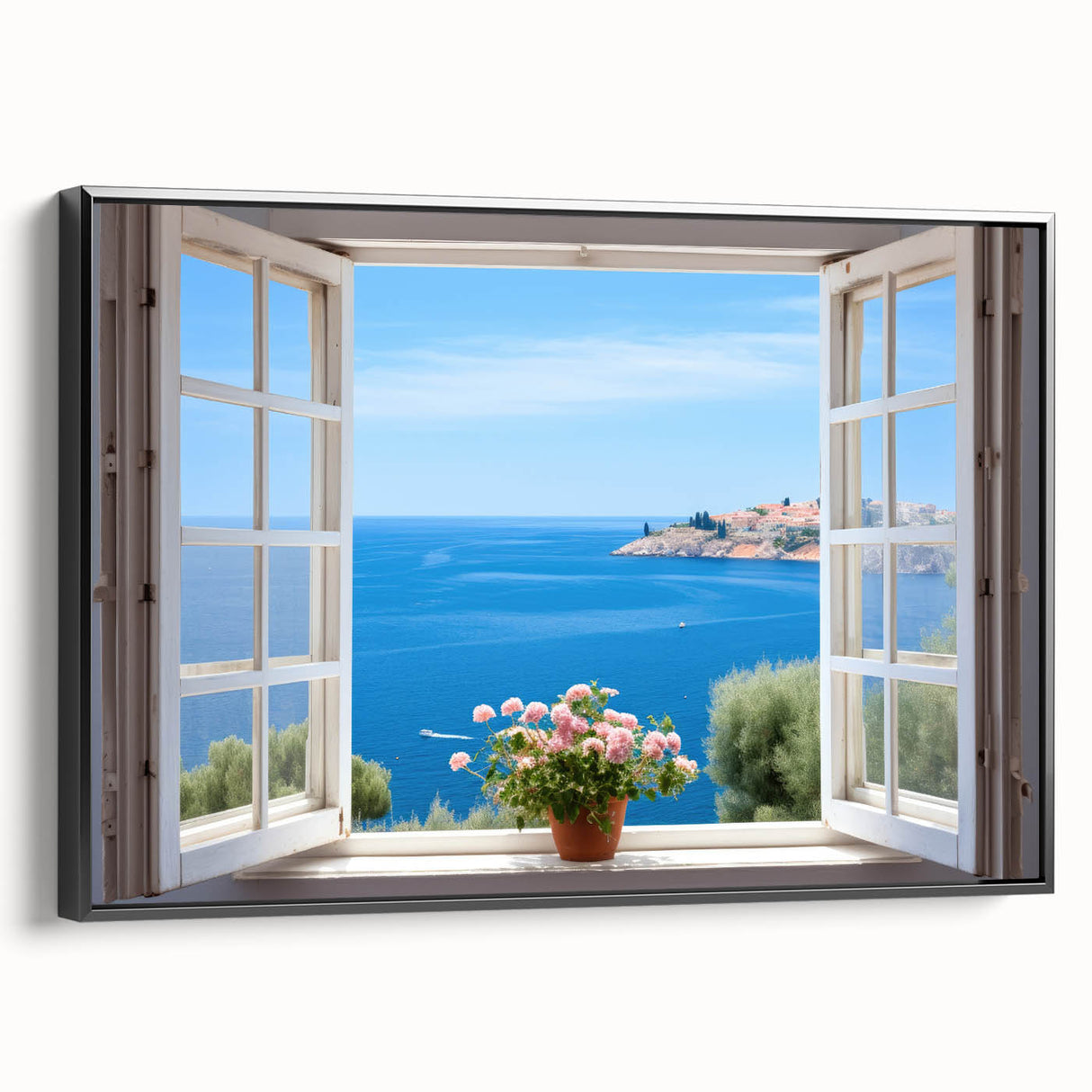 Black and white framed canvas featuring a vintage poster art style landscape, ideal for bedroom wall decor.