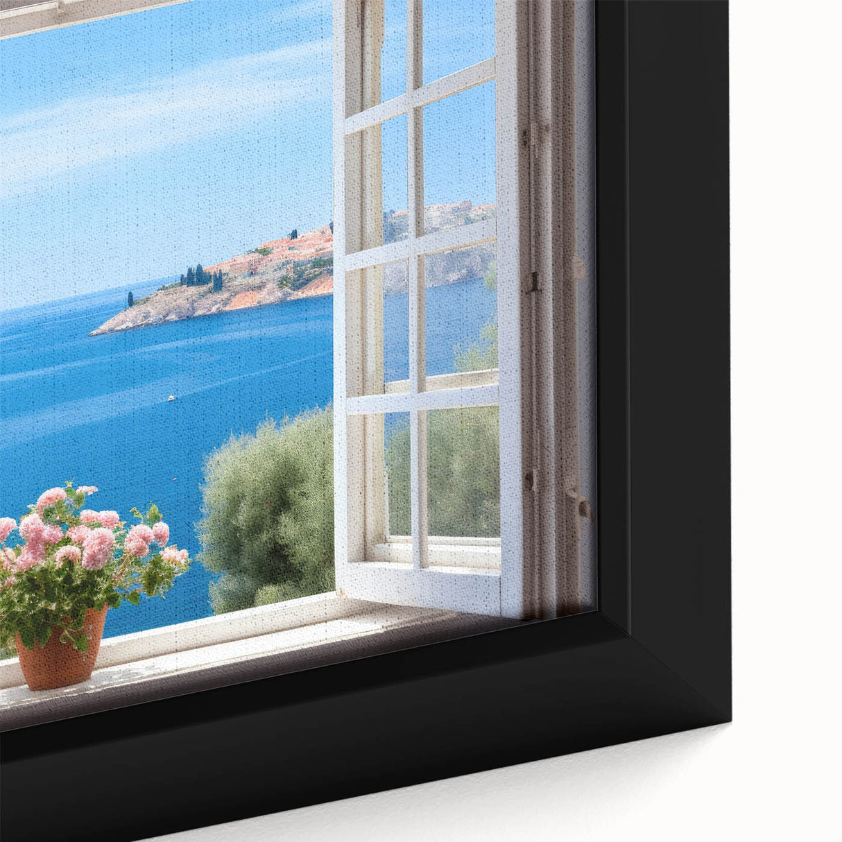 Extra large black wall art on framed canvas featuring a close-up of colorful, textured architectural window designs.