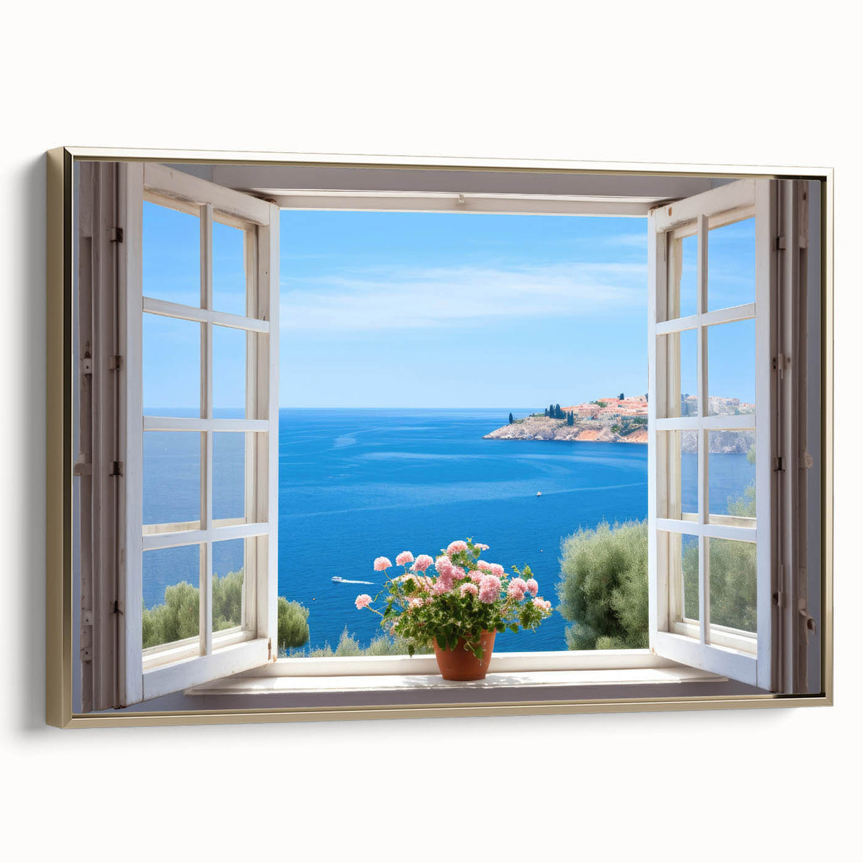 Framed canvas featuring a vintage poster of a colorful landscape, with dominant black hues and gold frame.