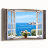 Framed canvas featuring a vintage poster of a colorful landscape, with dominant black hues and gold frame.