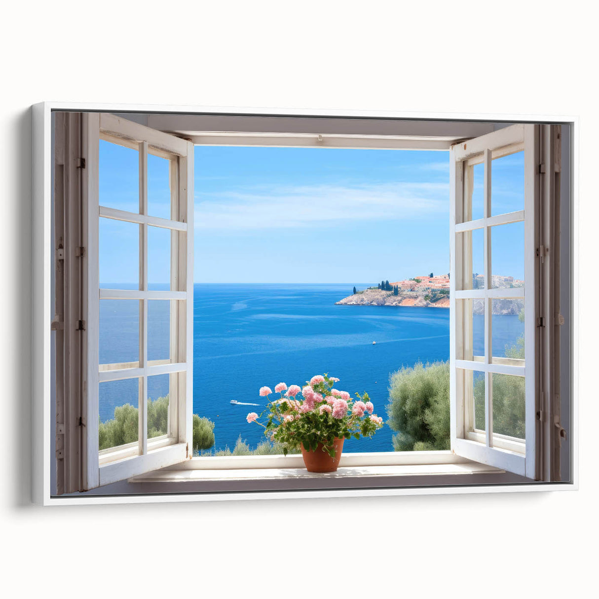 Framed canvas featuring a vintage poster of a black and white architectural window design, ideal for bedroom wall art.