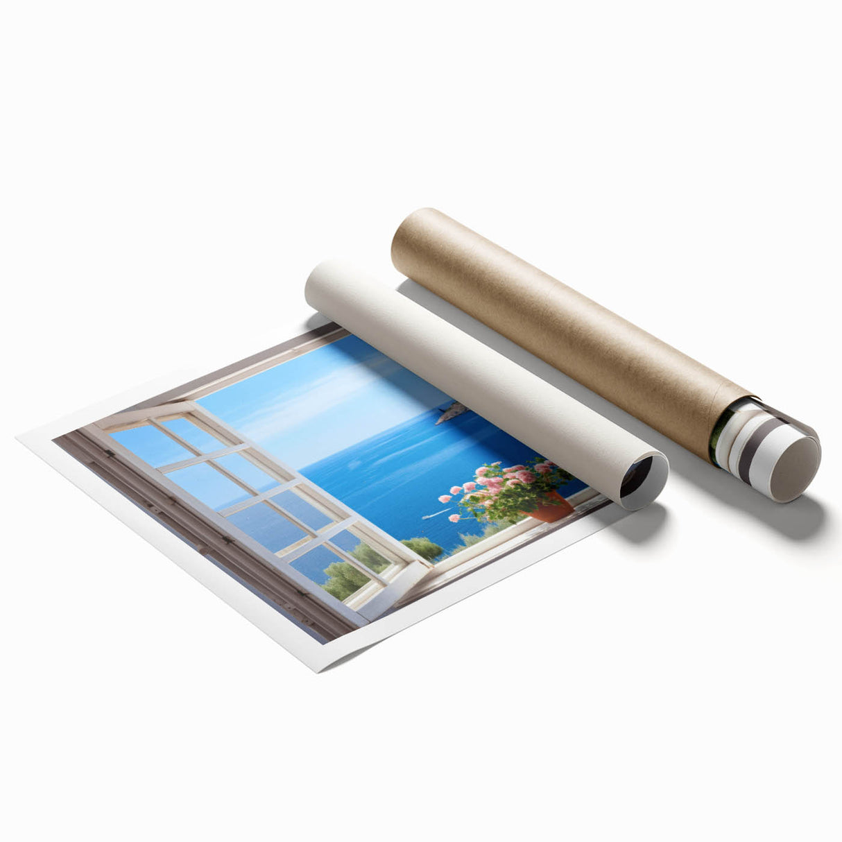 Extra large rolled print featuring a floral design in muted gray and blue tones, ideal for classy bathroom wall art.