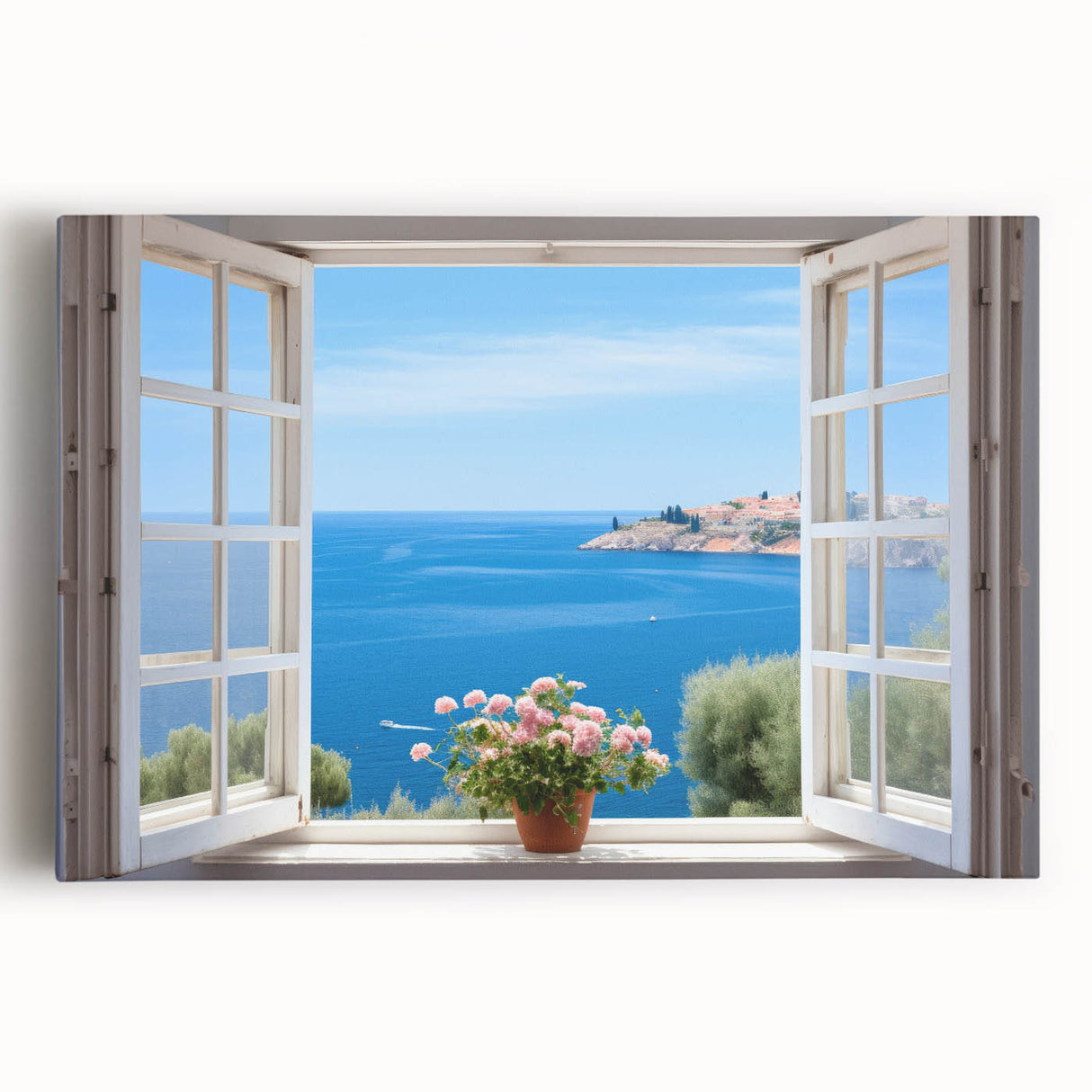 Large black and white photo of intricate window architecture on stretched canvas, ideal for kitchen wall art.