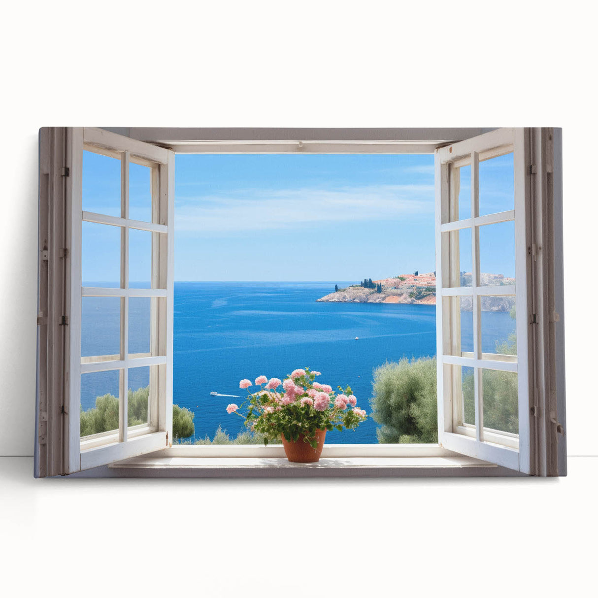 Black and white photograph of architectural windows on stretched canvas, suitable as large kitchen or bedroom wall art.