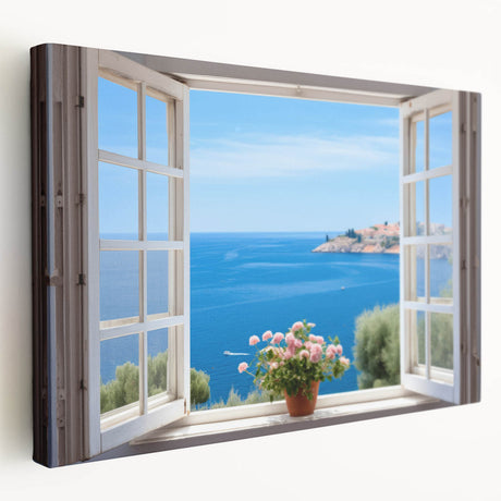 Side view of a large stretched canvas featuring a minimalist black and white architectural window design.