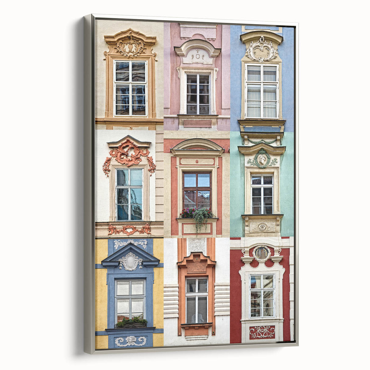 Vintage poster art of a black and colorful architectural window design on a silver-framed, extra large canvas.