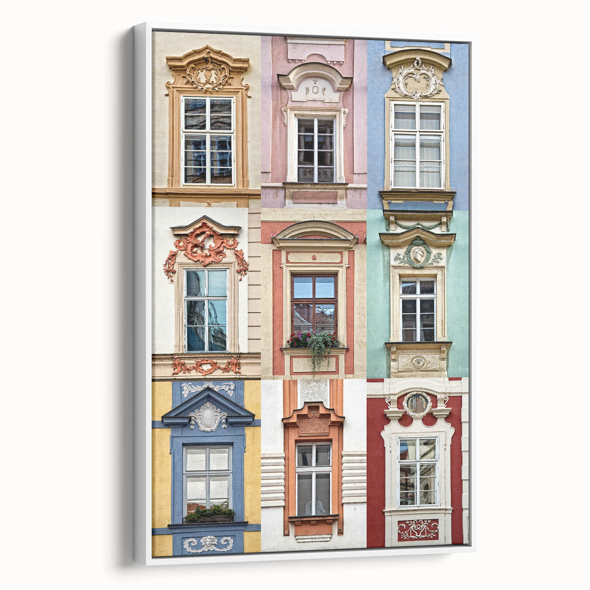 Framed canvas featuring a black and white vintage poster of architectural windows, ideal for bedroom wall art.