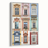 Framed canvas featuring a black and white vintage poster of architectural windows, ideal for bedroom wall art.