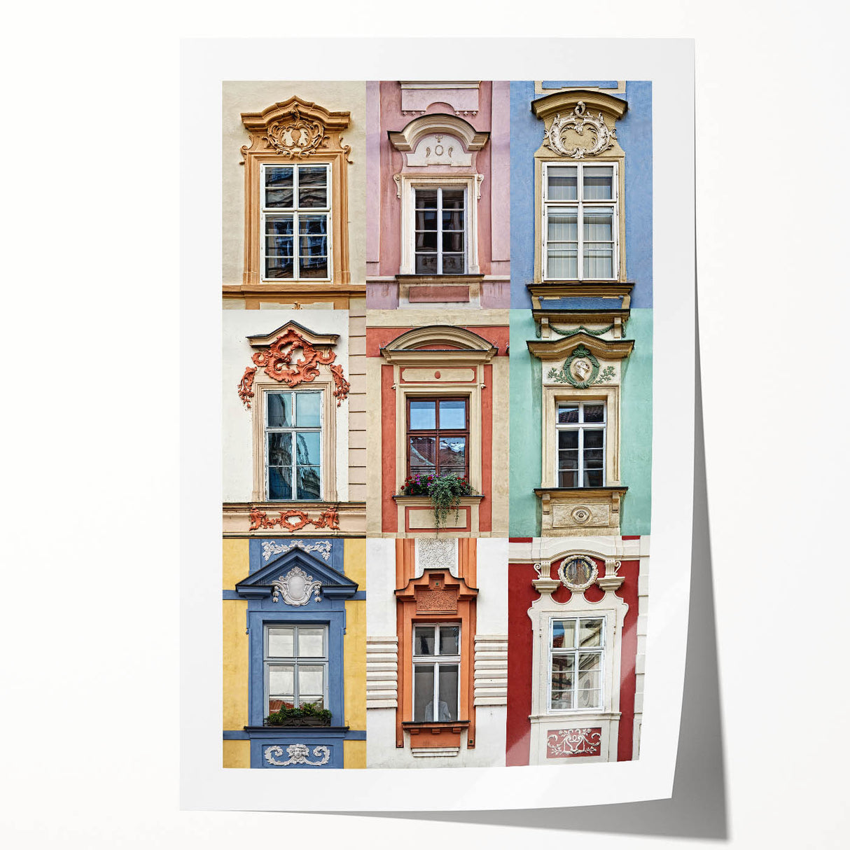 Extra large rolled print featuring a detailed floral design on a window architecture, in muted earth tones.