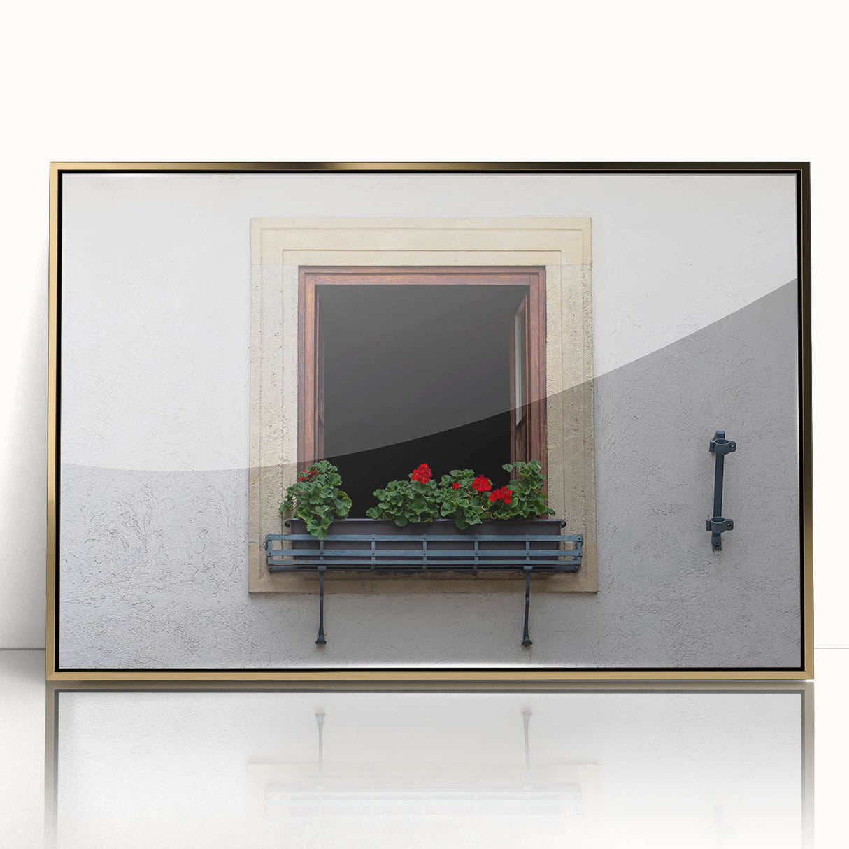 Mid-century modernist art depicting an architectural window design in gold and black tones, acrylic print framed.
