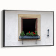 Black and white framed canvas of a vintage window design in a landscape layout, suitable for bedroom wall art.