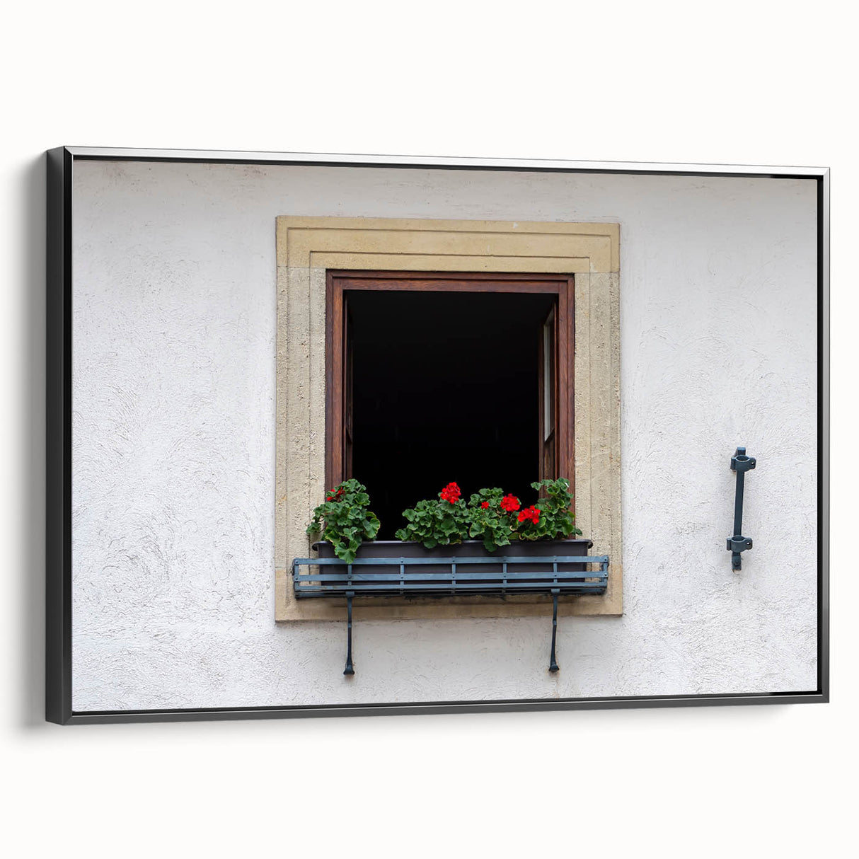 Black and white framed canvas of a vintage window design in a landscape layout, suitable for bedroom wall art.