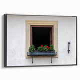 Black and white framed canvas of a vintage window design in a landscape layout, suitable for bedroom wall art.