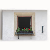Large black and white photo of architectural windows on stretched canvas, suitable for kitchen wall art.