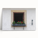 Large black and white photo of an architectural window design on stretched canvas.