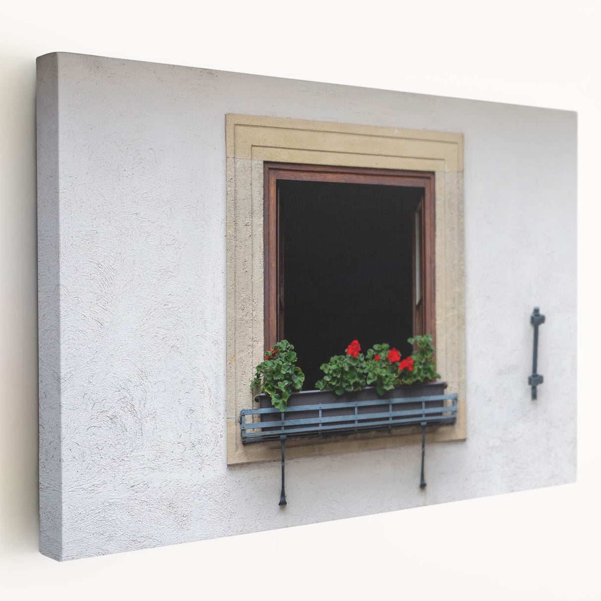 Large art depicting a detailed architectural window design in neutral tones on stretched canvas.