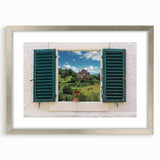 Abstract art print featuring symmetrical window designs in silver frame, ideal for dining room decor.