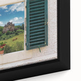 Extra large framed canvas featuring a close-up of a black textured window design with colorful art accents.
