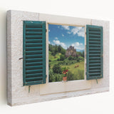 Architectural window design on large stretched canvas with neutral and gray tones, suitable for kitchen wall art.