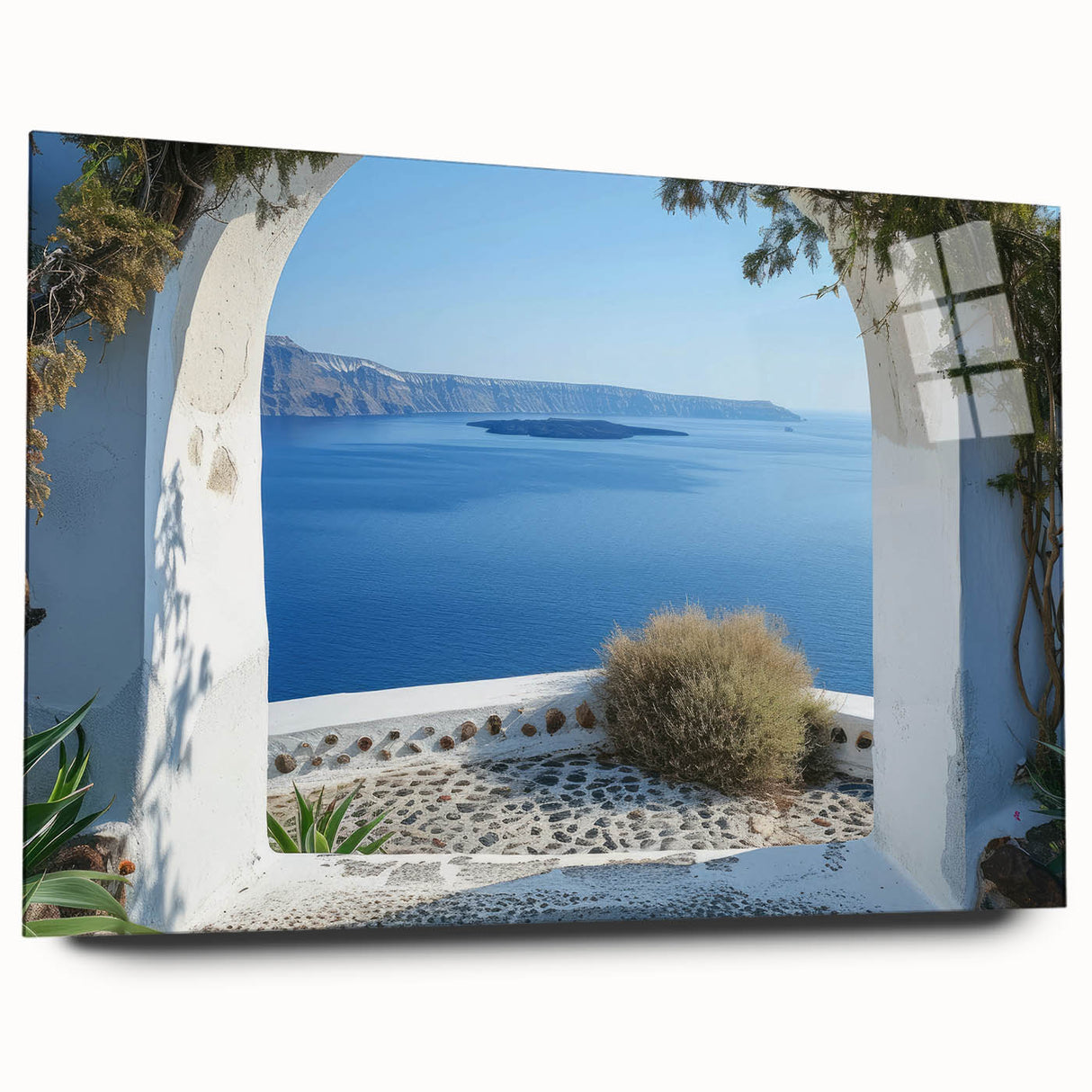 Large abstract wall art on acrylic glass depicting geometric shapes in muted gray and blue.