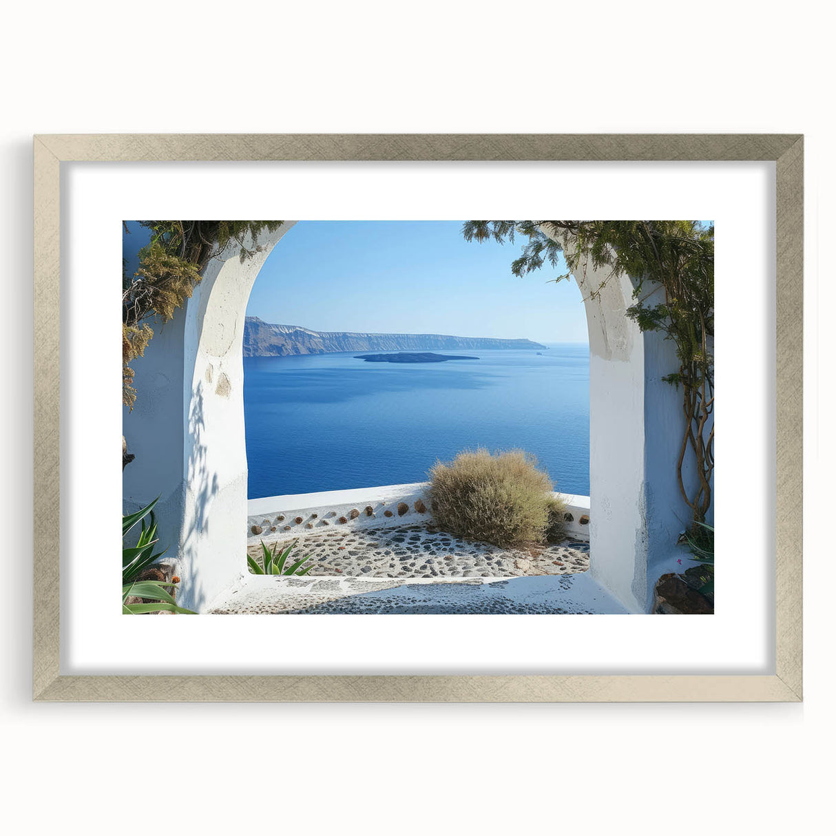 Abstract art print featuring geometric patterns in silver and gray tones, framed with a silver mat.