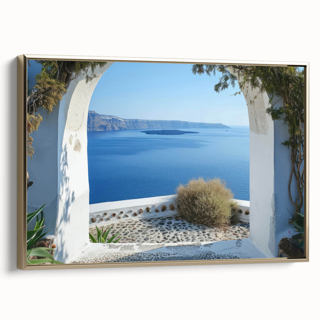 Framed canvas featuring a vintage poster art style landscape with colorful buildings and black outlines.