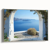 Vintage poster art of an architectural window design on a silver-framed canvas, ideal for living room decor.