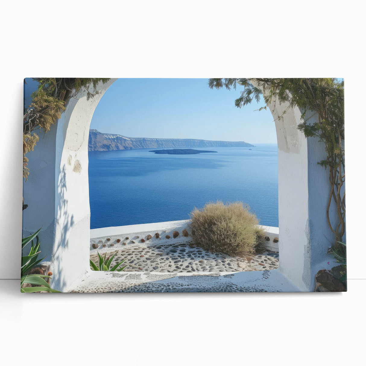 Black and white photograph of a large architectural window design on stretched canvas.