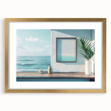 Textured abstract art print with a design of irregular shapes in muted gray and gold, framed in gold.