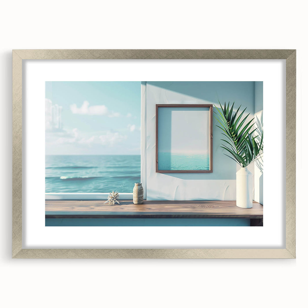 Abstract art print of a geometric window design in silver frame, ideal for dining room or bedroom decor.