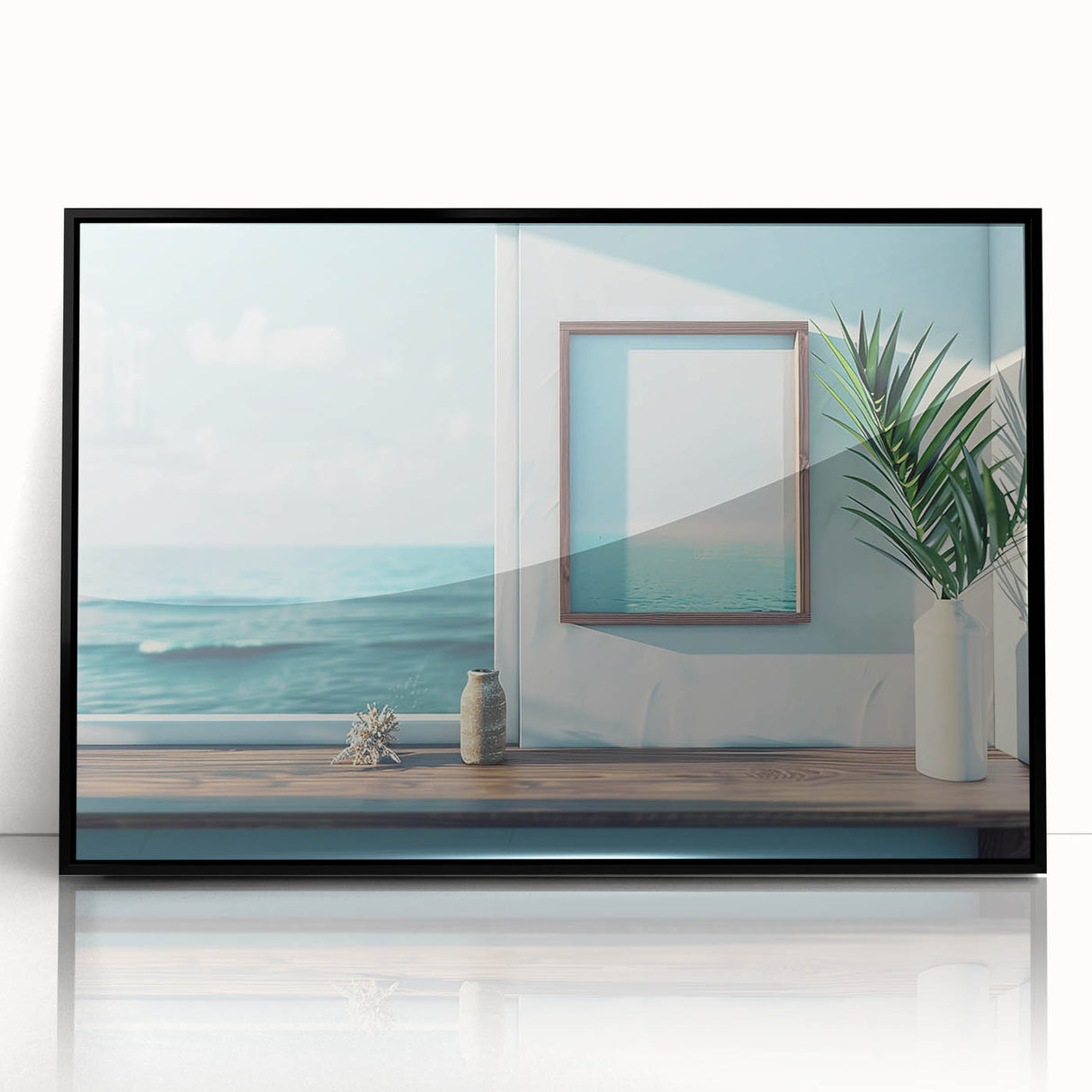 Large abstract wall art in mid-century modernist style on black framed acrylic, featuring geometric shapes in neutral tones.