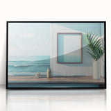 Large abstract wall art in mid-century modernist style on black framed acrylic, featuring geometric shapes in neutral tones.
