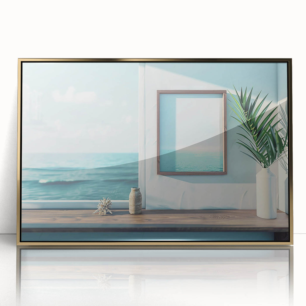 Mid-century modernist art featuring a geometric window design in gold and black acrylic, ideal for nursery wall art.