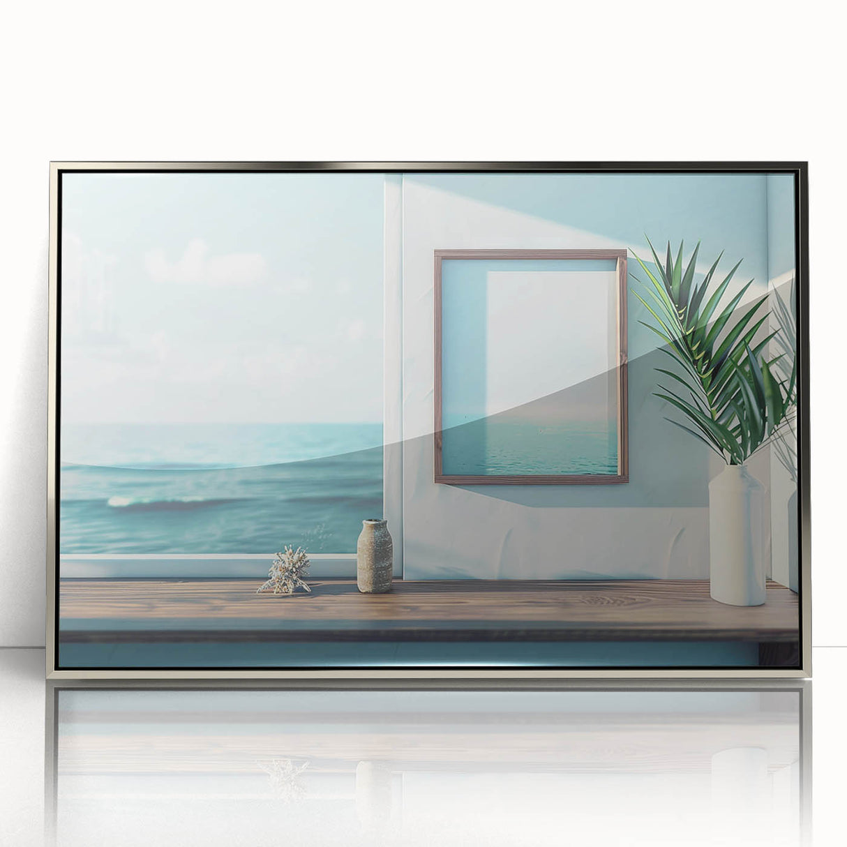 Art deco poster featuring a silver-framed acrylic print of geometric window designs in monochrome tones.