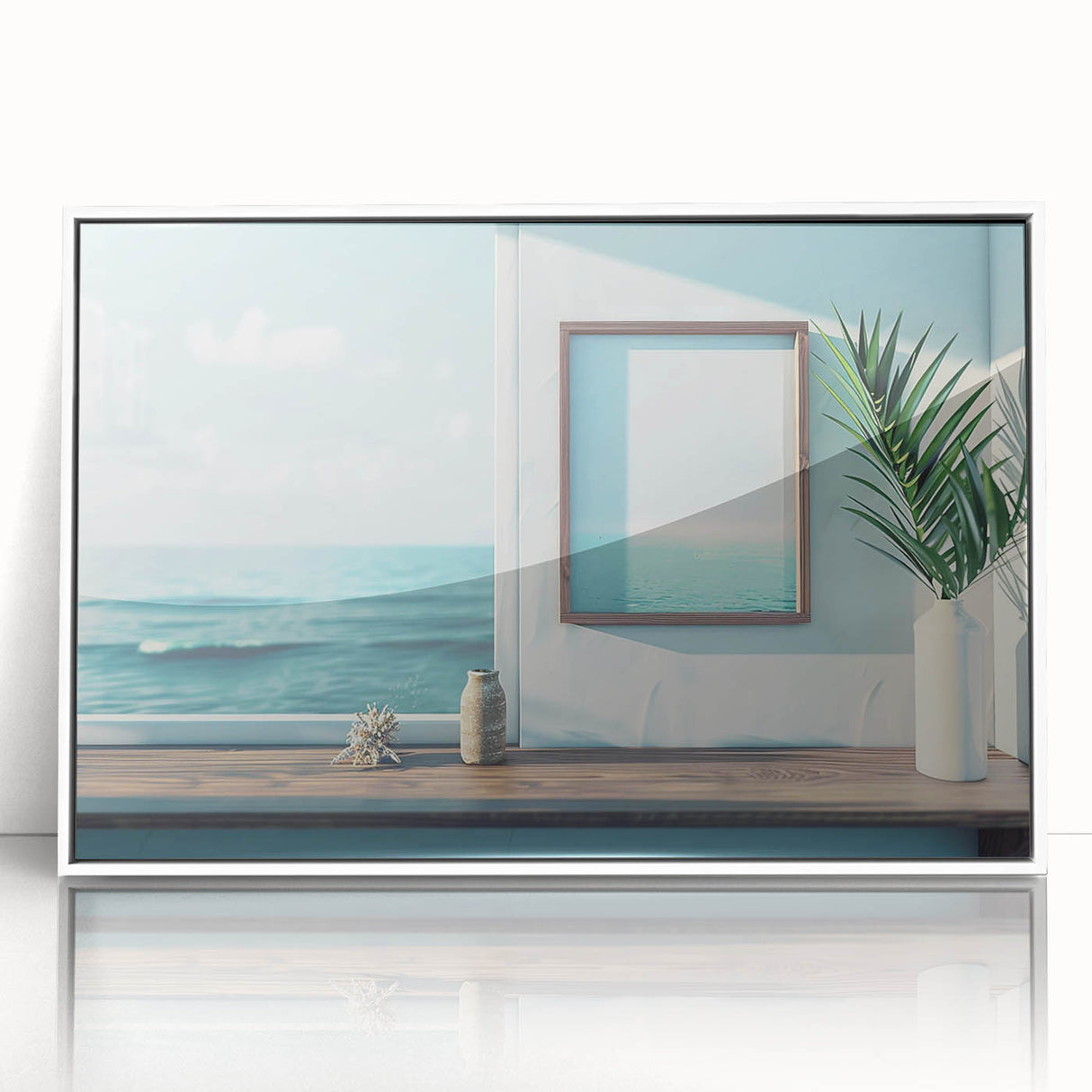 Mid-century modernist large art print featuring an architectural window design in muted gray, framed in white acrylic.