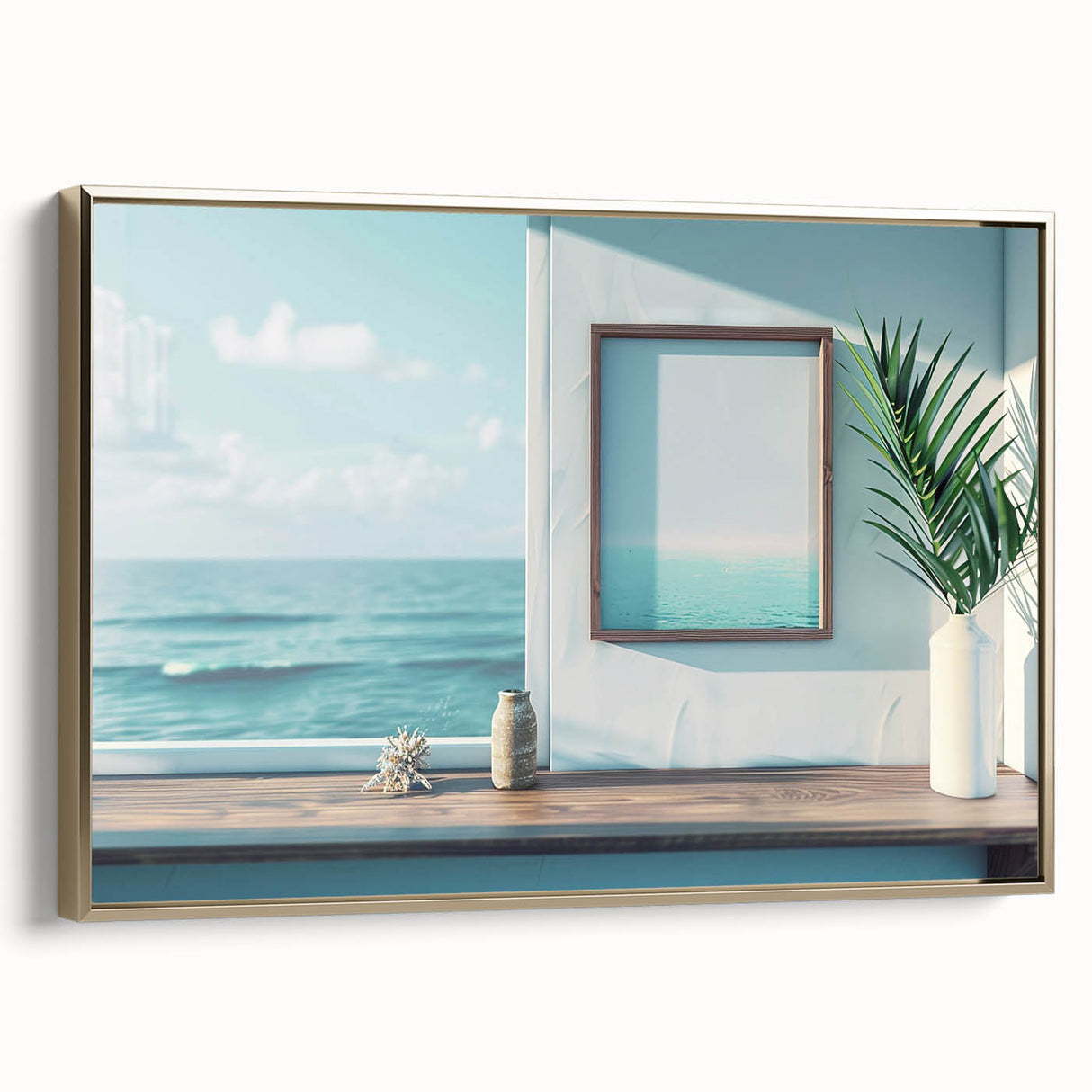 Framed canvas featuring a vintage poster of a colorful landscape painting, with a black wall art style.