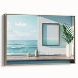 Framed canvas featuring a vintage poster of a colorful landscape painting, with a black wall art style.