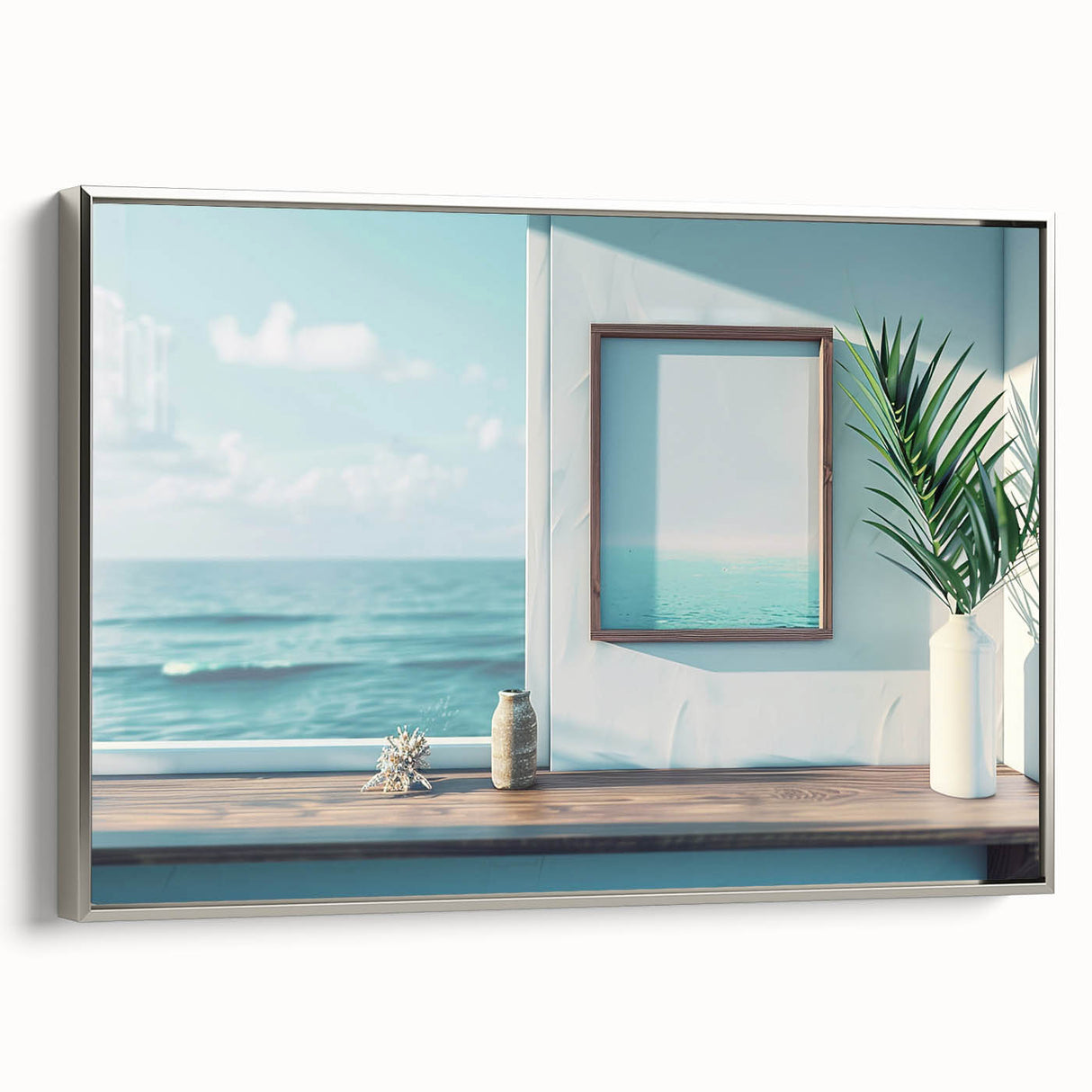 Vintage poster art of an architectural window design in colorful hues on a large framed canvas, ideal for living room decor.