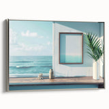 Vintage poster art of an architectural window design in colorful hues on a large framed canvas, ideal for living room decor.