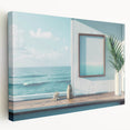 Side view of a large stretched canvas featuring a detailed architectural window design in neutral tones.