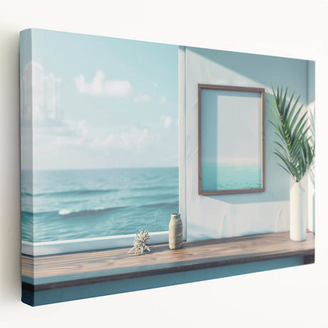 Side view of a large stretched canvas featuring a detailed architectural window design in neutral tones.