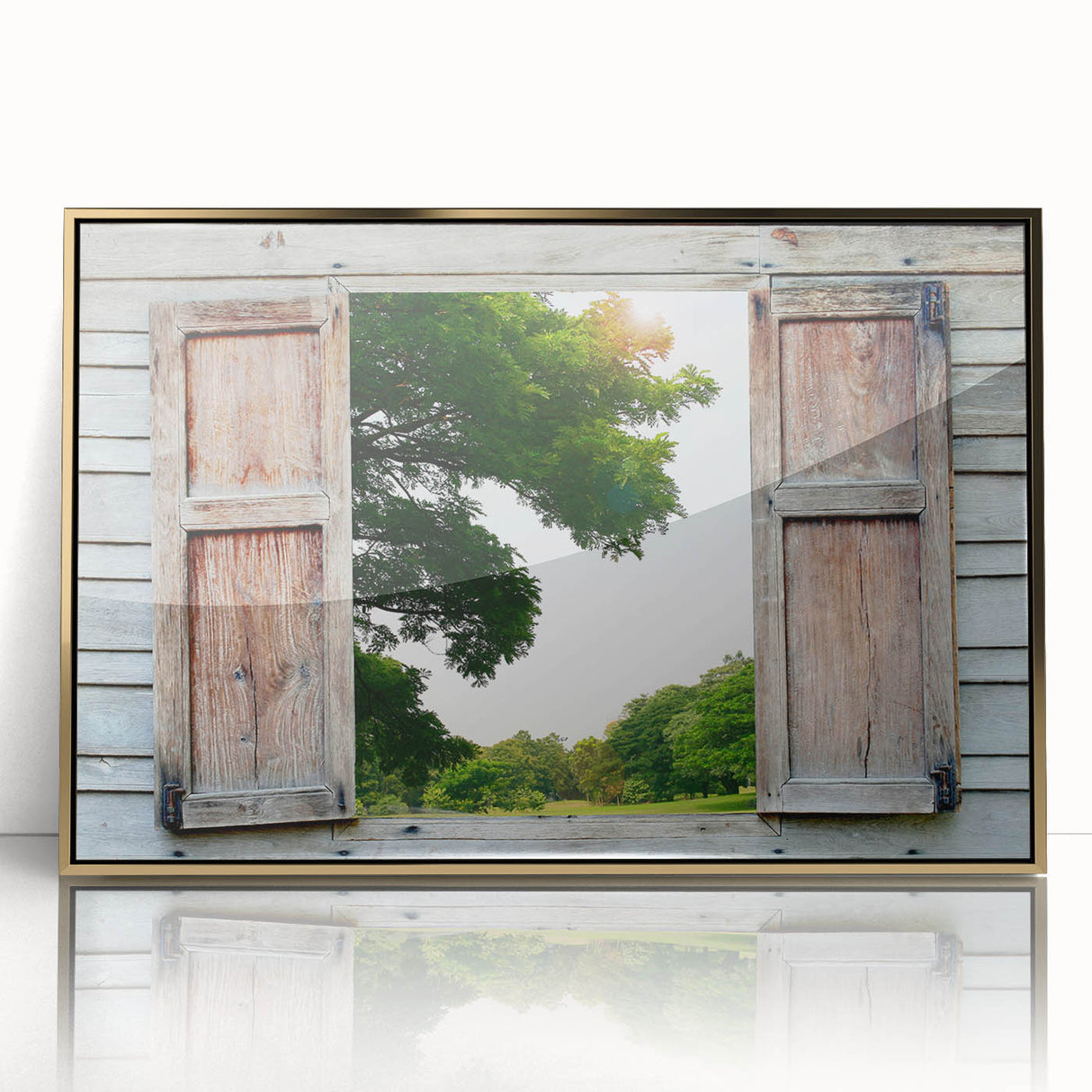 Mid-century modernist art featuring an architectural window design in gold tones on a framed acrylic.