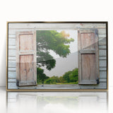 Mid-century modernist art featuring an architectural window design in gold tones on a framed acrylic.